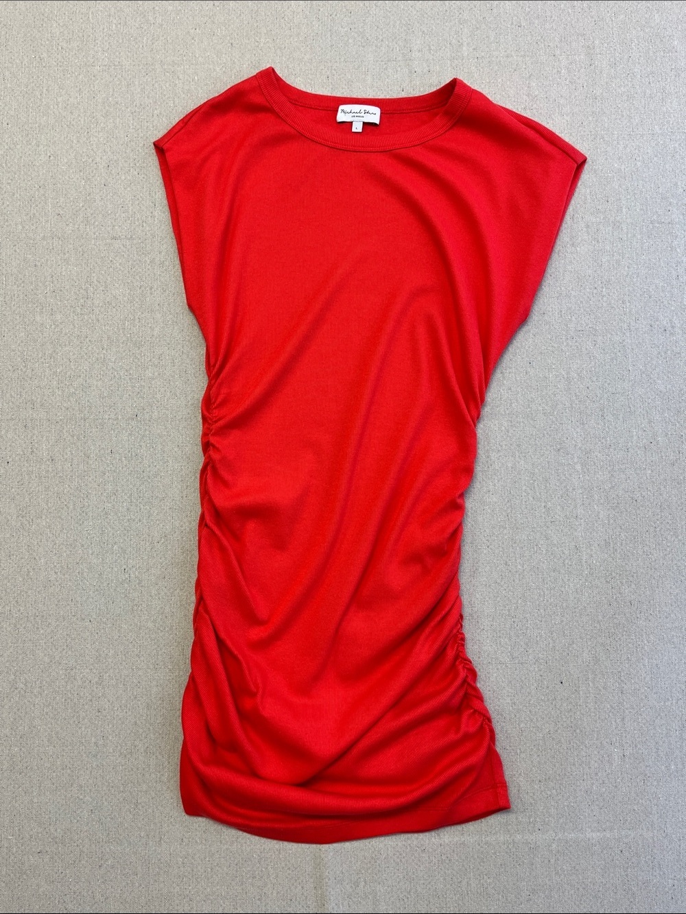 Michael Stars Red Ruched Bodycon Dress Cap Sleeve Made in USA L